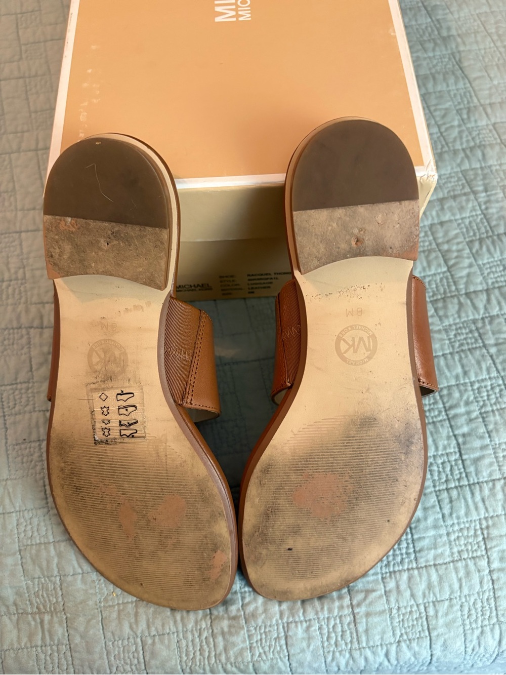 Michael Kors Brown Leather MK Logo Thong Sandals with Gold Hardware - Picture 3 of 4